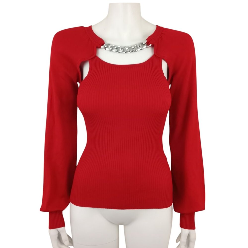 Almost Famous Red Ribbed Knit Sweater Silver Chain Detail & Cutouts